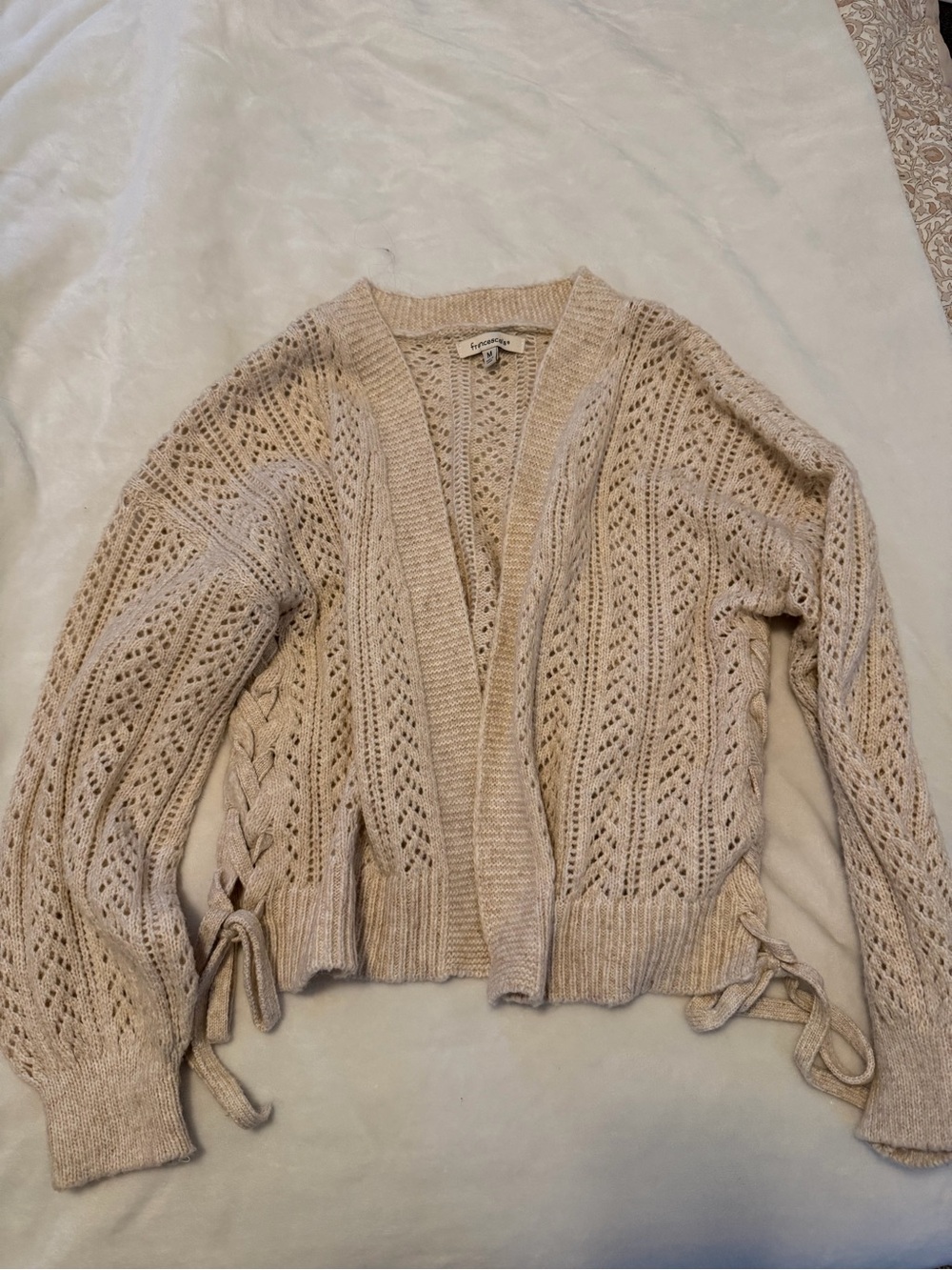 Francesca's Collections Cream Openwork Lace-Up Cardigan